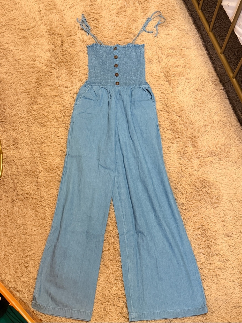Light Blue Wide-Leg Denim Jumpsuit with Smocked Bodice